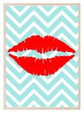 Lipstick Kiss Print | Aqua Blue & White Chevron Background, Red Lips Teens Wall Art - Larosier Prints