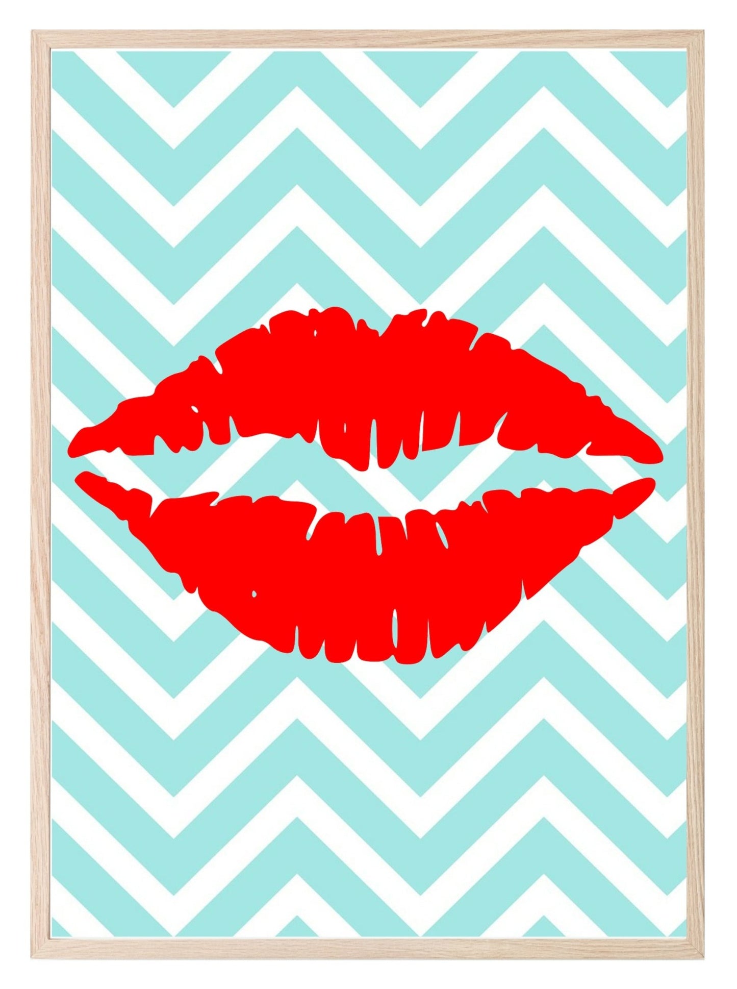 Lipstick Kiss Print | Aqua Blue & White Chevron Background, Red Lips Teens Wall Art