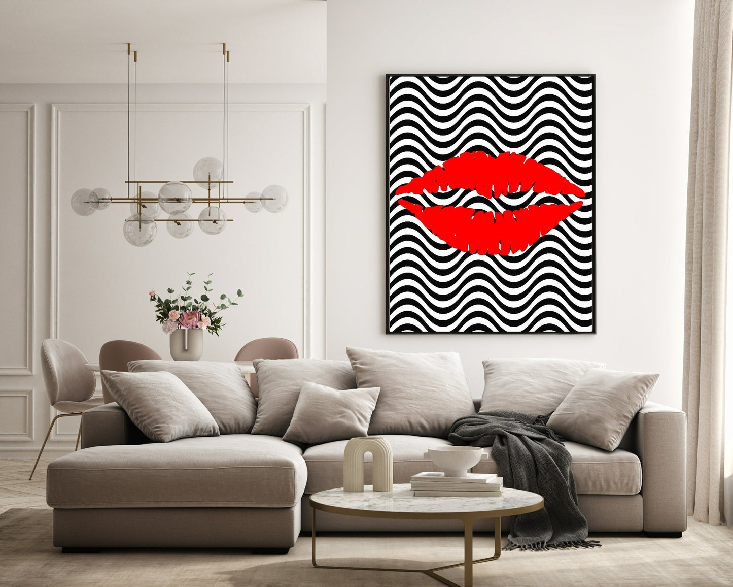 Lipstick Kiss Print | Black & white Chevron Background, Red Lips Teens Wall Art