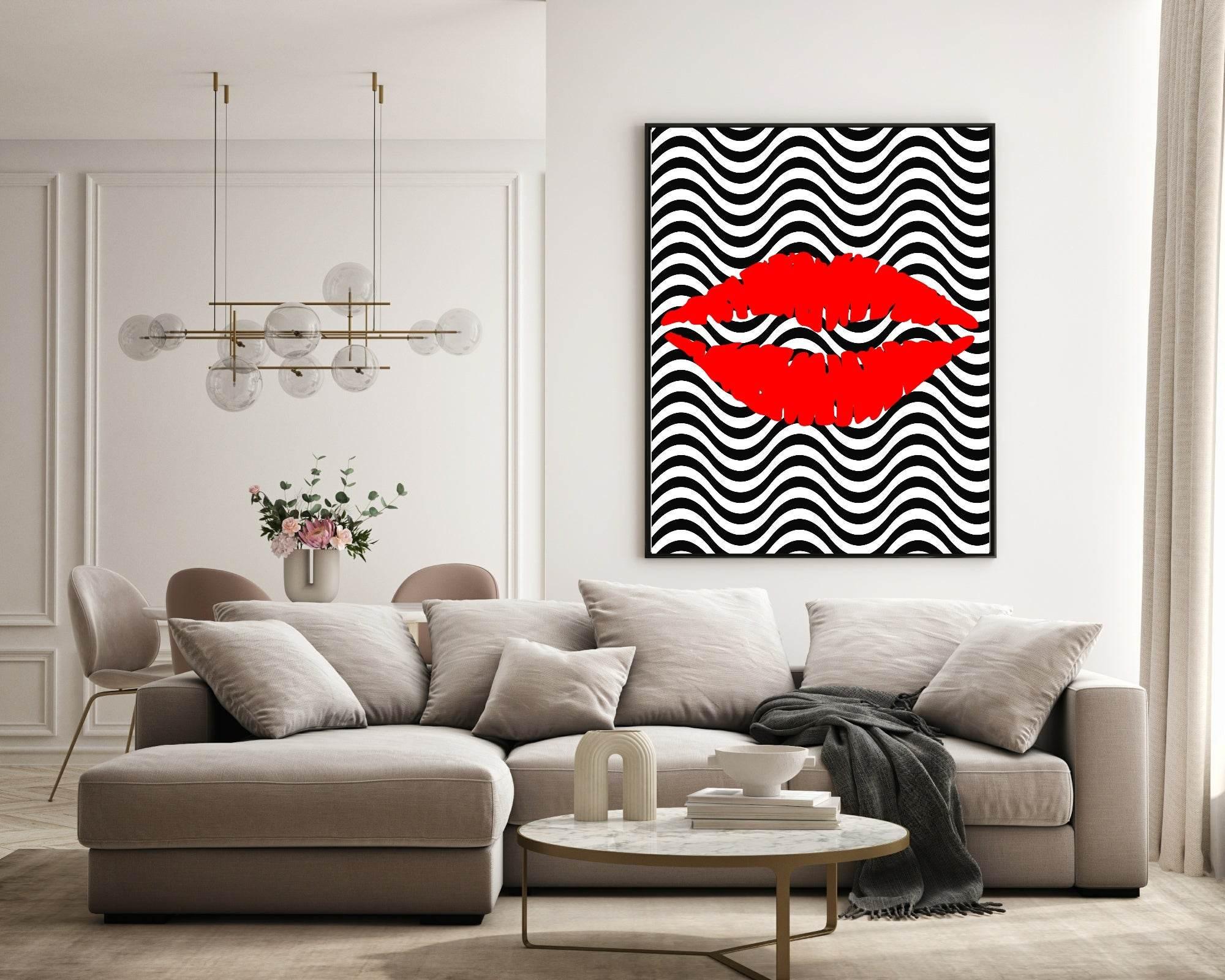 Lipstick Kiss Print | Black & white Chevron Background, Red Lips Teens Wall Art - Larosier Prints