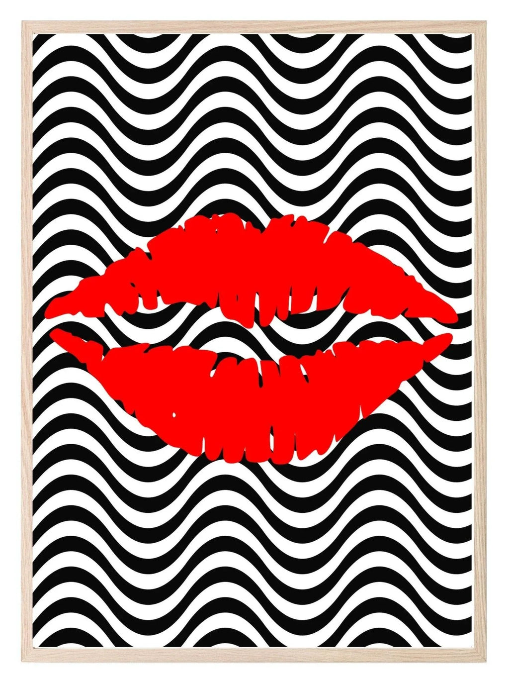 Lipstick Kiss Print | Black & white Chevron Background, Red Lips Teens Wall Art - Larosier Prints