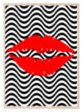 Lipstick Kiss Print | Black & white Chevron Background, Red Lips Teens Wall Art - Larosier Prints