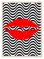 Lipstick Kiss Print | Black & white Chevron Background, Red Lips Teens Wall Art - Larosier Prints