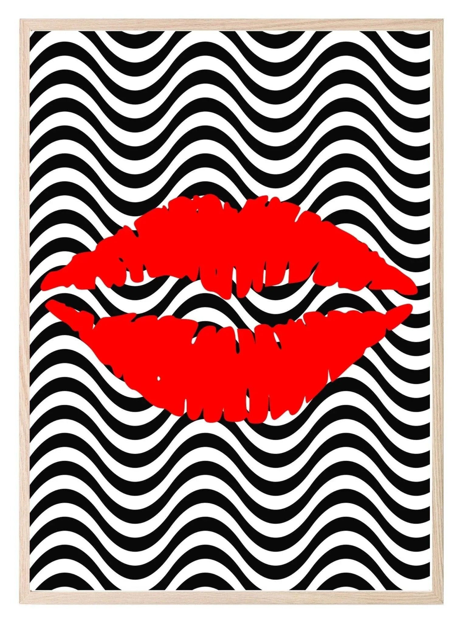 Lipstick Kiss Print | Black & white Chevron Background, Red Lips Teens Wall Art - Larosier Prints