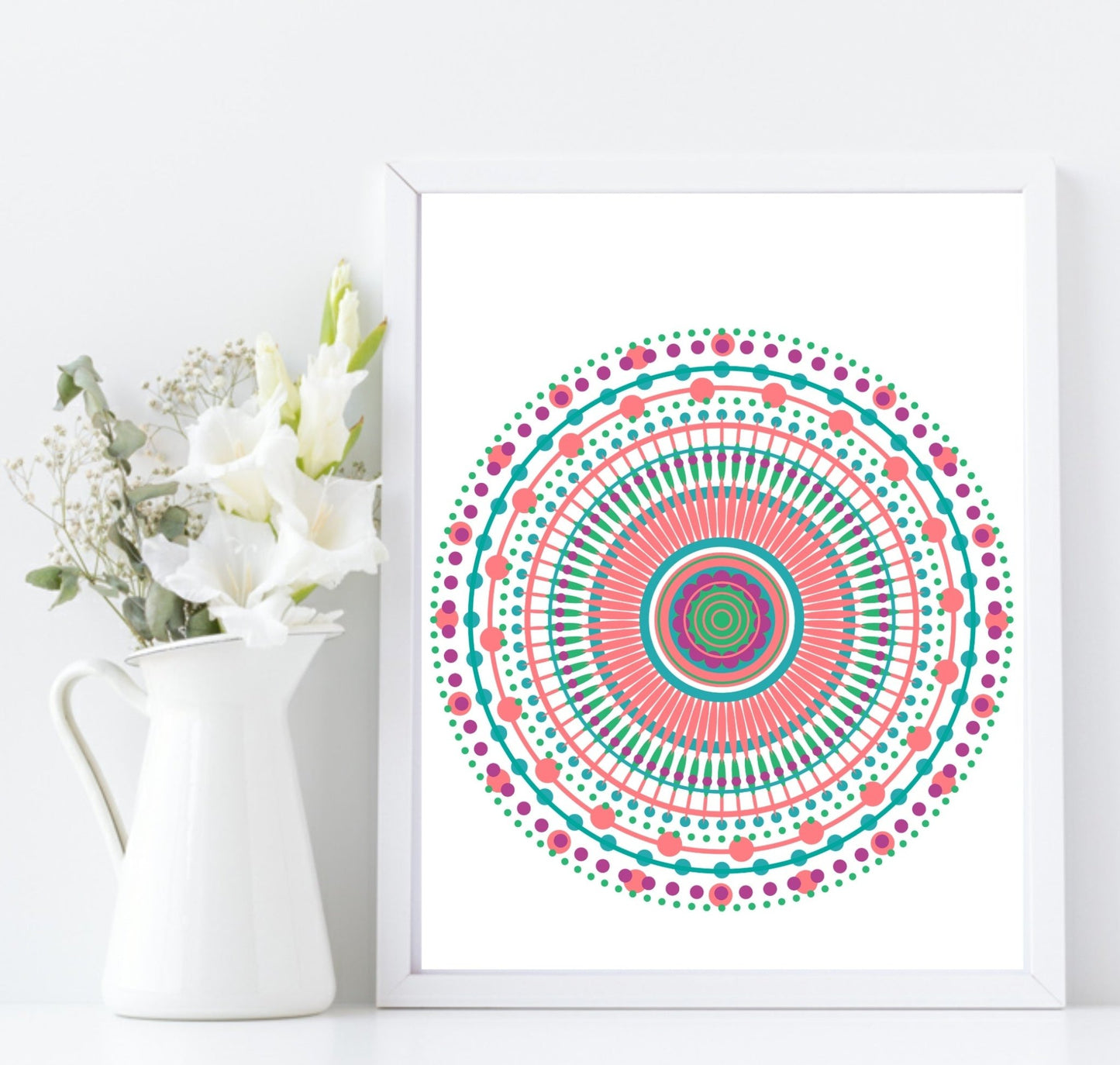 Mint Green & Pink Mandala Print | Colourful Wall Art