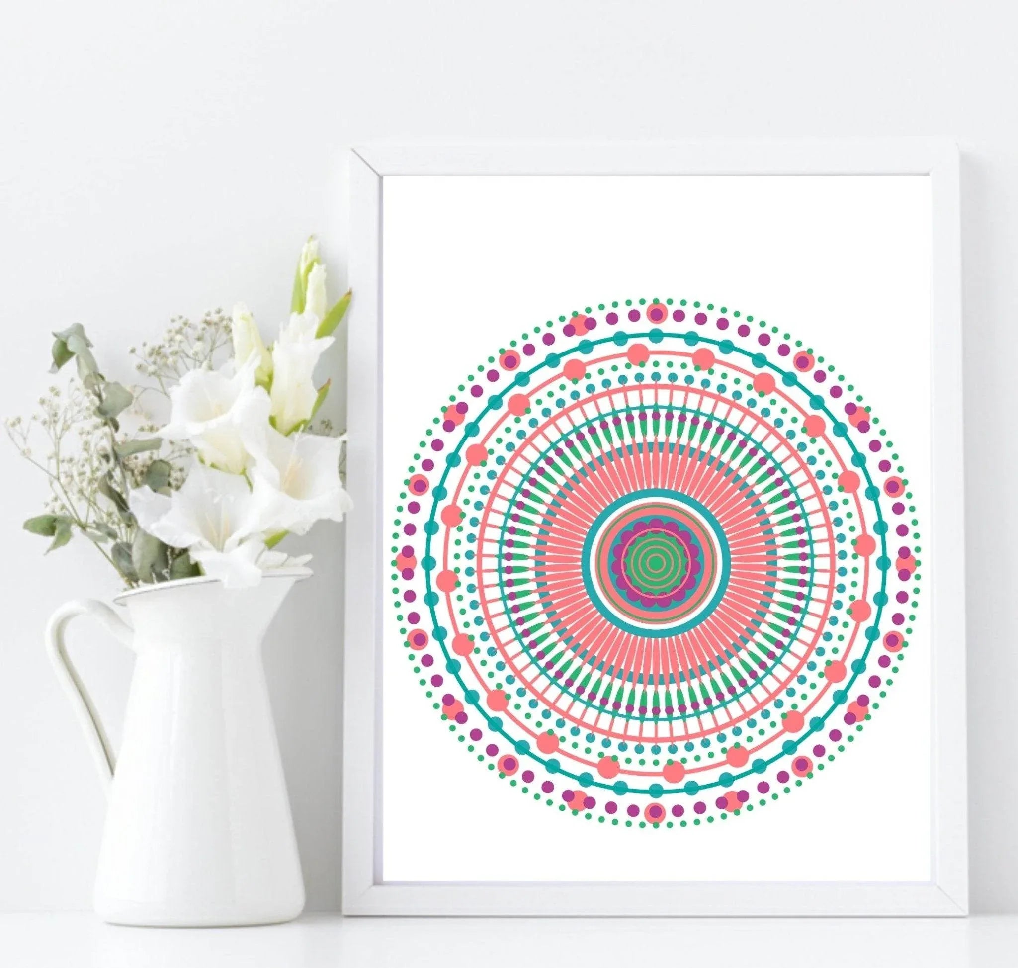Mint Green & Pink Mandala Print | Colourful Wall Art - Larosier Prints