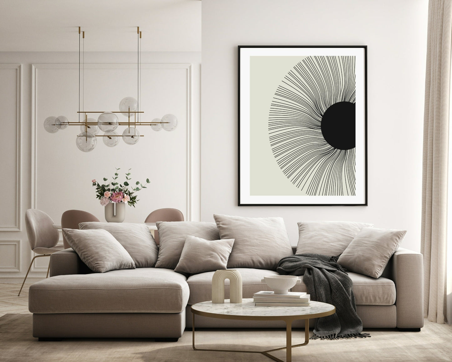 Monochrome Abstract Collection of 4 Prints | Rose Eyes , Woman , Line Floral , Black Sun Wall Art