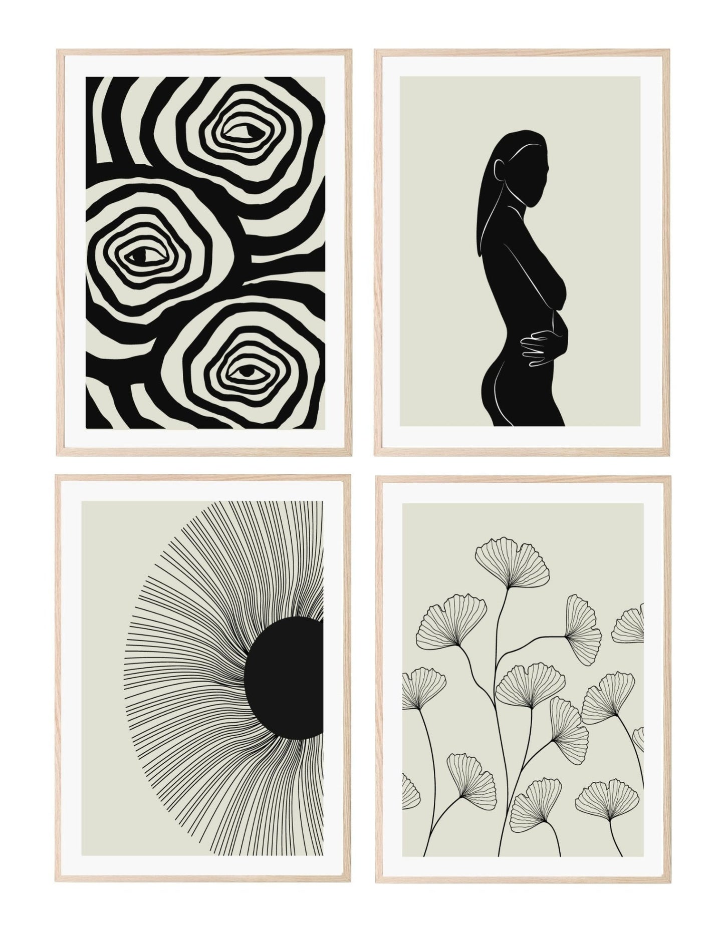 Monochrome Abstract Collection of 4 Prints | Rose Eyes , Woman , Line Floral , Black Sun Wall Art A3