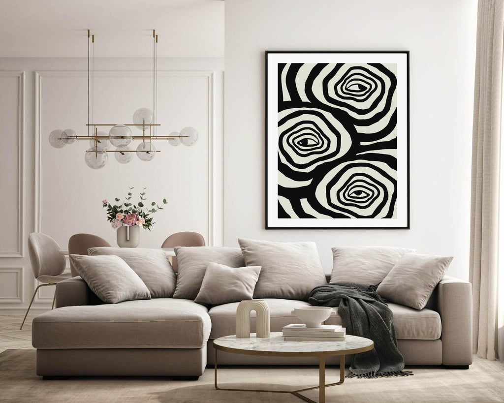Monochrome Abstract Collection of 4 Prints | Rose Eyes , Woman , Line Floral , Black Sun Wall Art - Larosier Prints