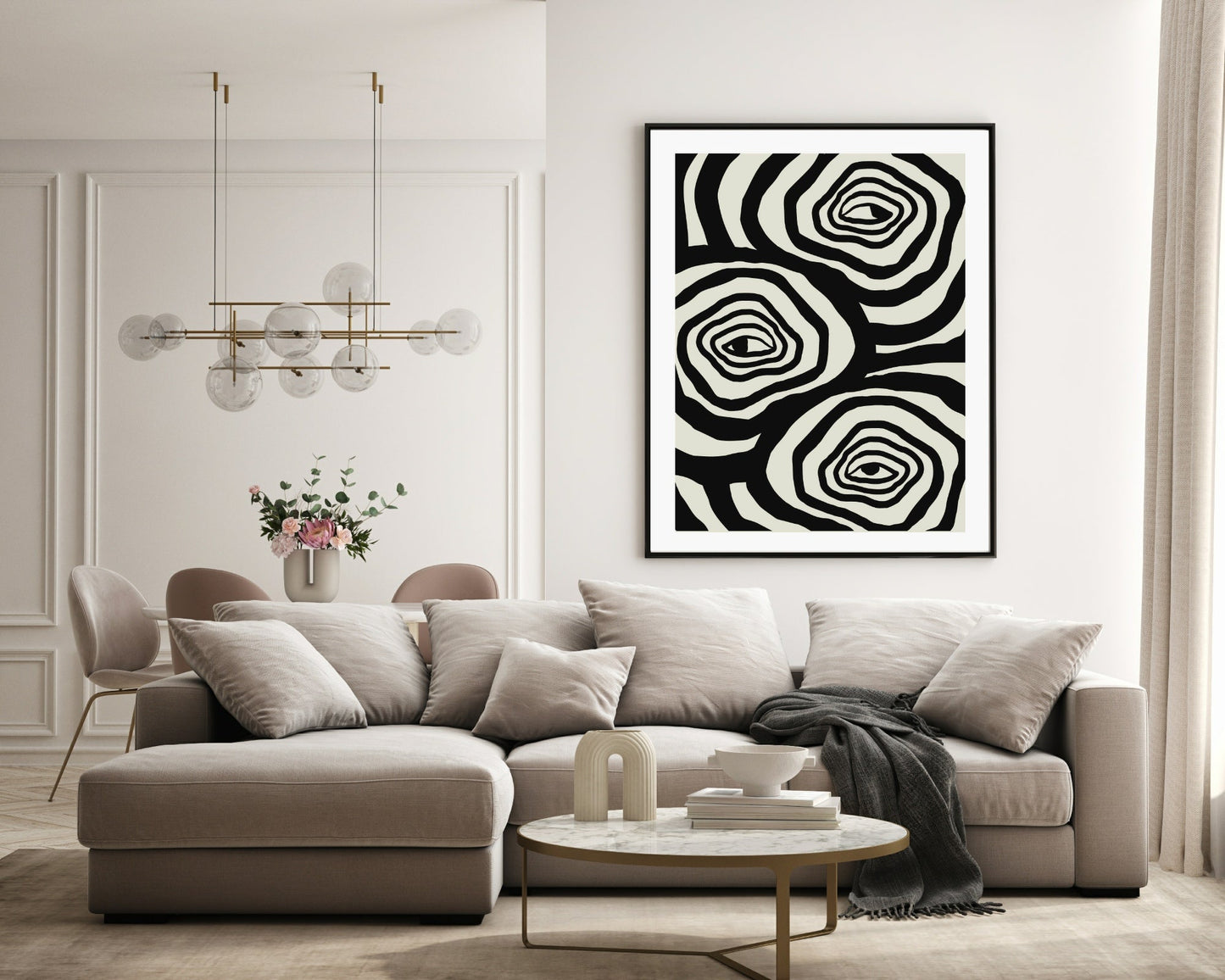 Monochrome Abstract Collection of 4 Prints | Rose Eyes , Woman , Line Floral , Black Sun Wall Art