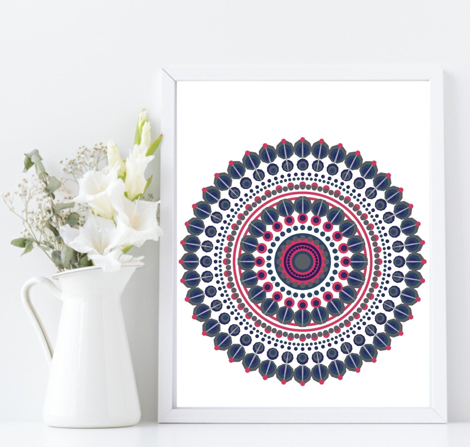 Navy & Pink Mandala Print | Modern Pattern Wall Art