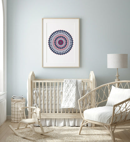 Navy & Pink Mandala Print | Modern Pattern Wall Art