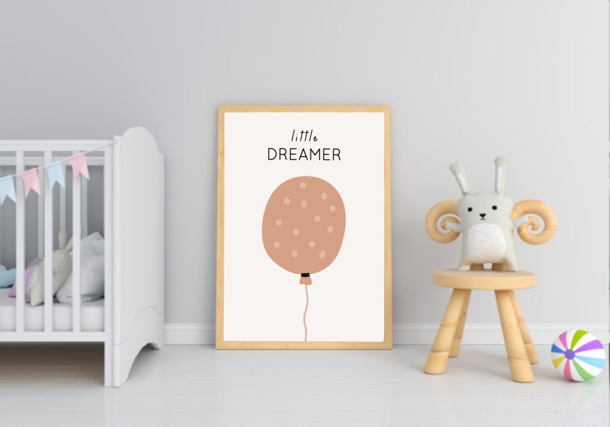 Neutral Nursery Collection Prints | Vol.1 | Personalized Polka Dot Print Initial And Name | Balloon Little Dreamer