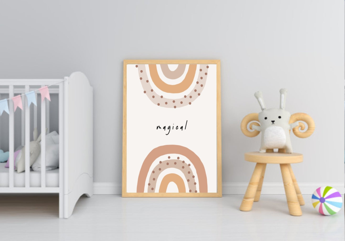 Neutral Nursery Collection Prints | Vol.1 | Personalized Polka Dot Print Initial And Name | Magical Rainbows