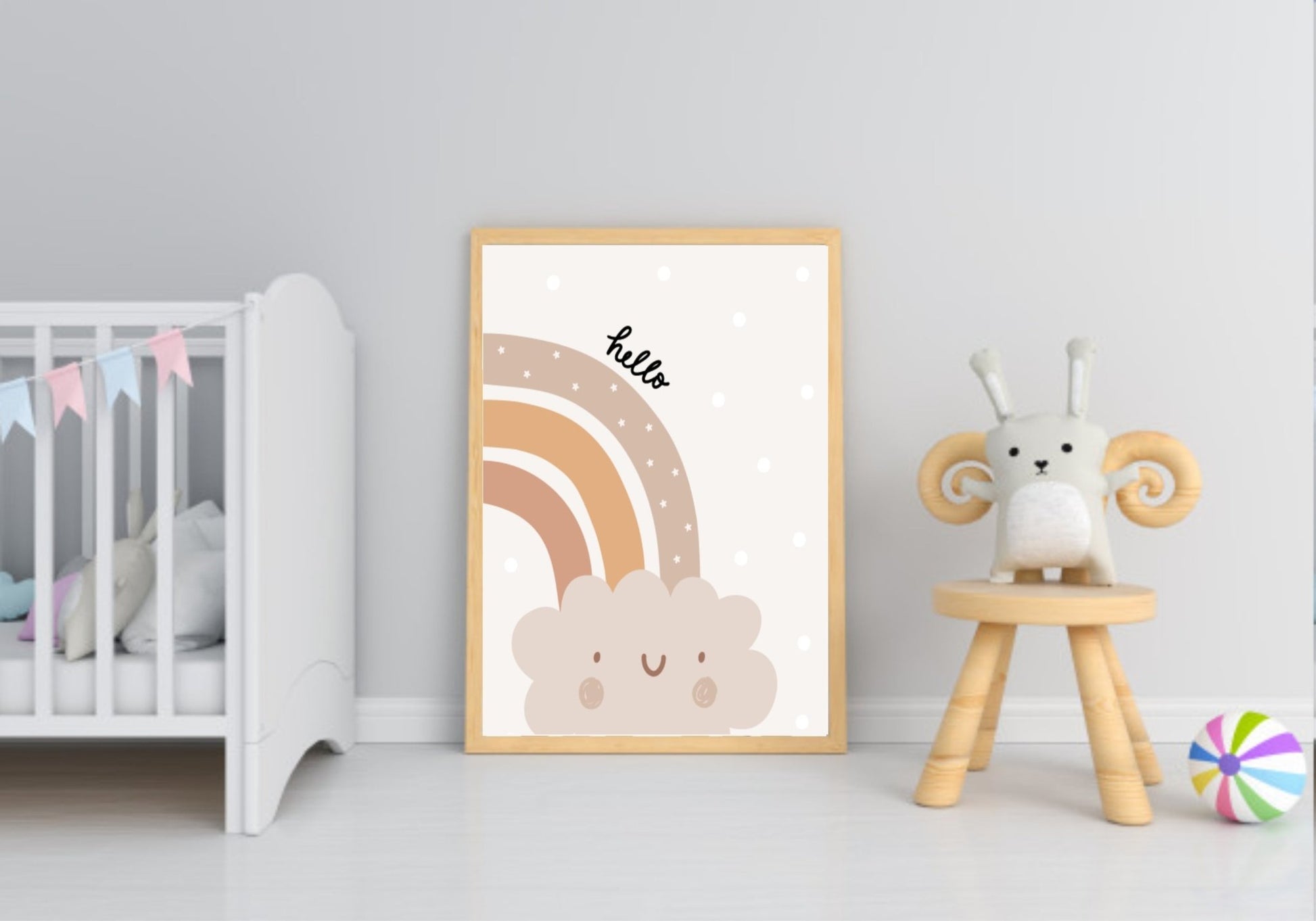 Neutral Nursery Collection Prints | Vol.1 | Personalized Polka Dot Print Initial And Name | Rainbow Cloud Hello