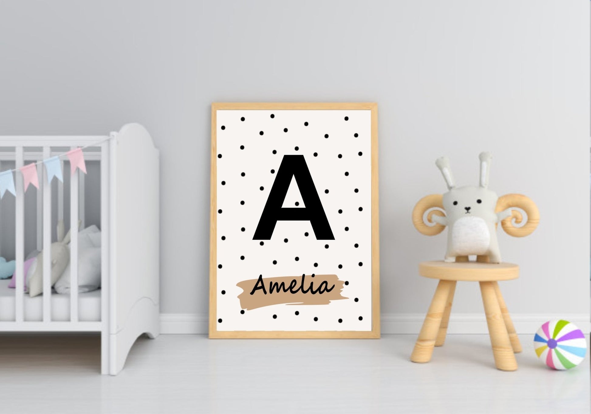 Neutral Nursery Collection Prints | Vol.1 | Personalized Polka Dot Print Initial And Name | Polka Dot Personalized