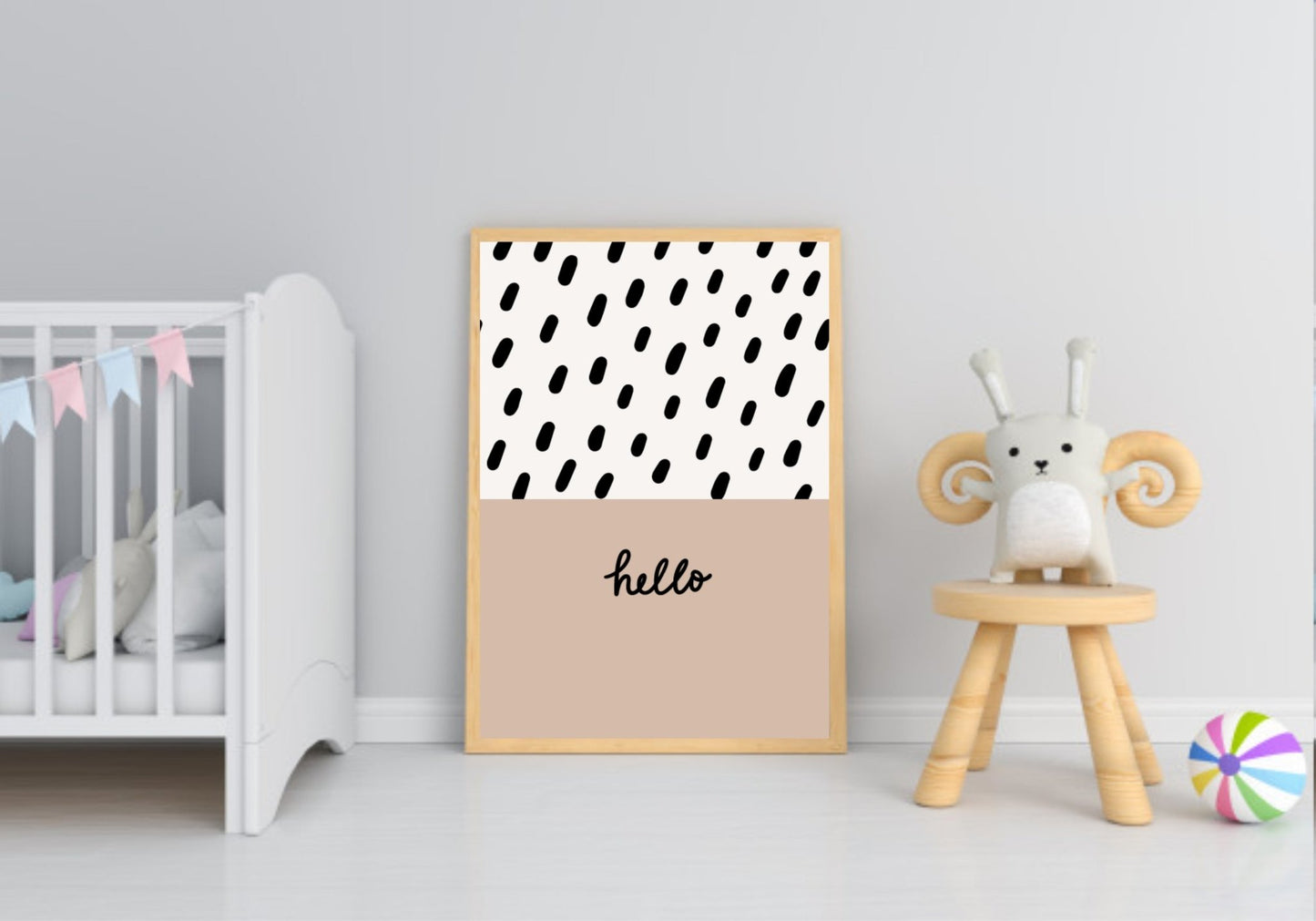 Neutral Nursery Collection Prints | Vol.1 | Personalized Polka Dot Print Initial And Name | Hello