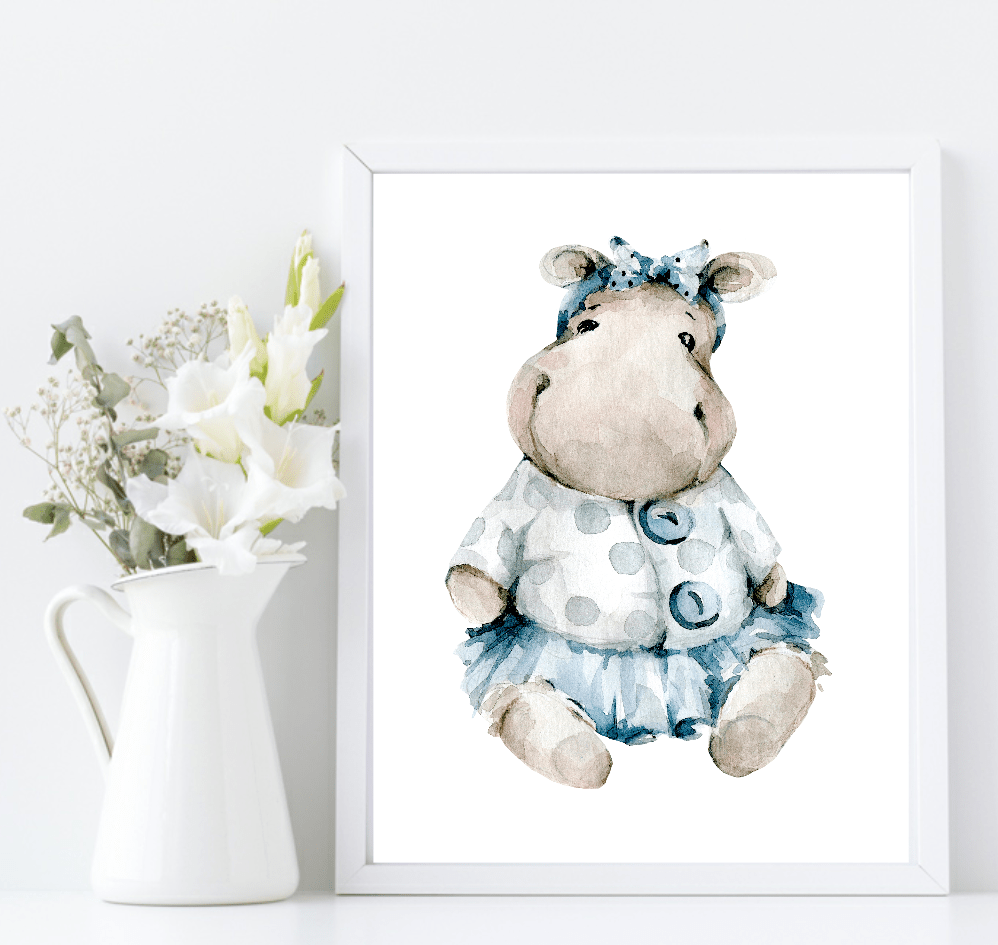 Oh Baby Animal Friends Prints Collection | Kids Wall Art | Vol.1 Hippo Blue