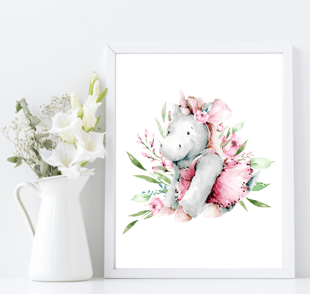 Oh Baby Animal Friends Prints Collection | Kids Wall Art | Vol.2 Hippo Pink