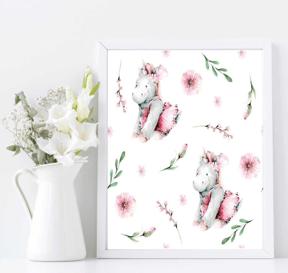 Oh Baby Animal Friends Prints Collection | Kids Wall Art | Vol.2 Hippo Pink Pattern