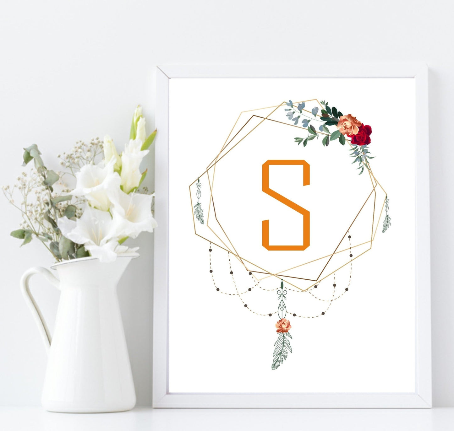 Personalised Boho Framed Initial Print | Floral Wall Art