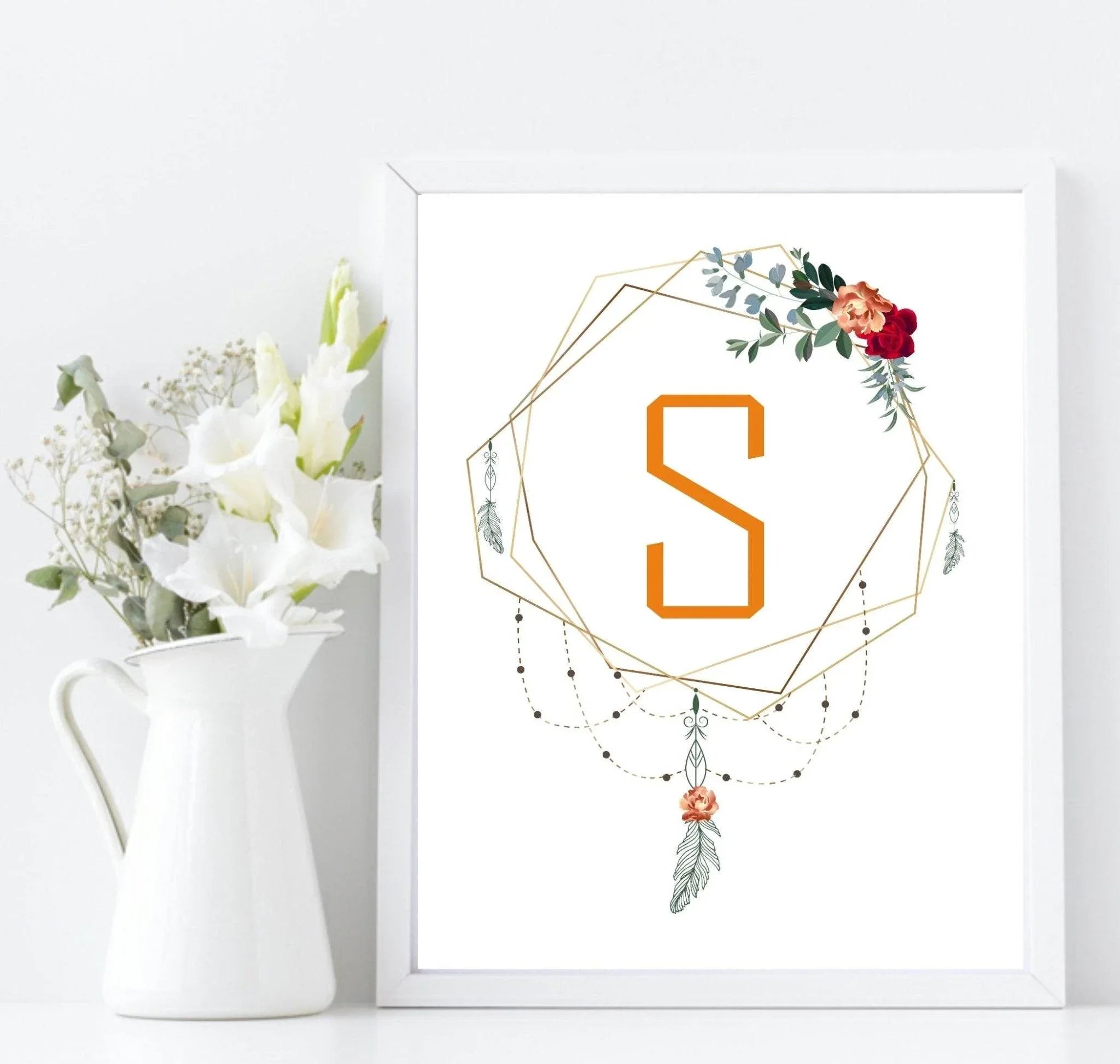 Personalised Boho Framed Initial Print | Floral Wall Art - Larosier Prints