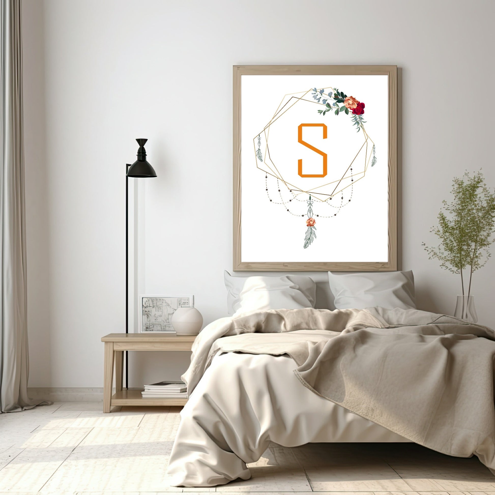 Personalised Boho Framed Initial Print | Floral Wall Art