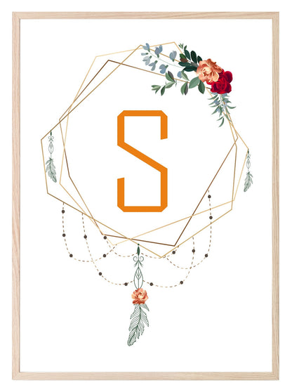 Personalised Boho Framed Initial Print | Floral Wall Art