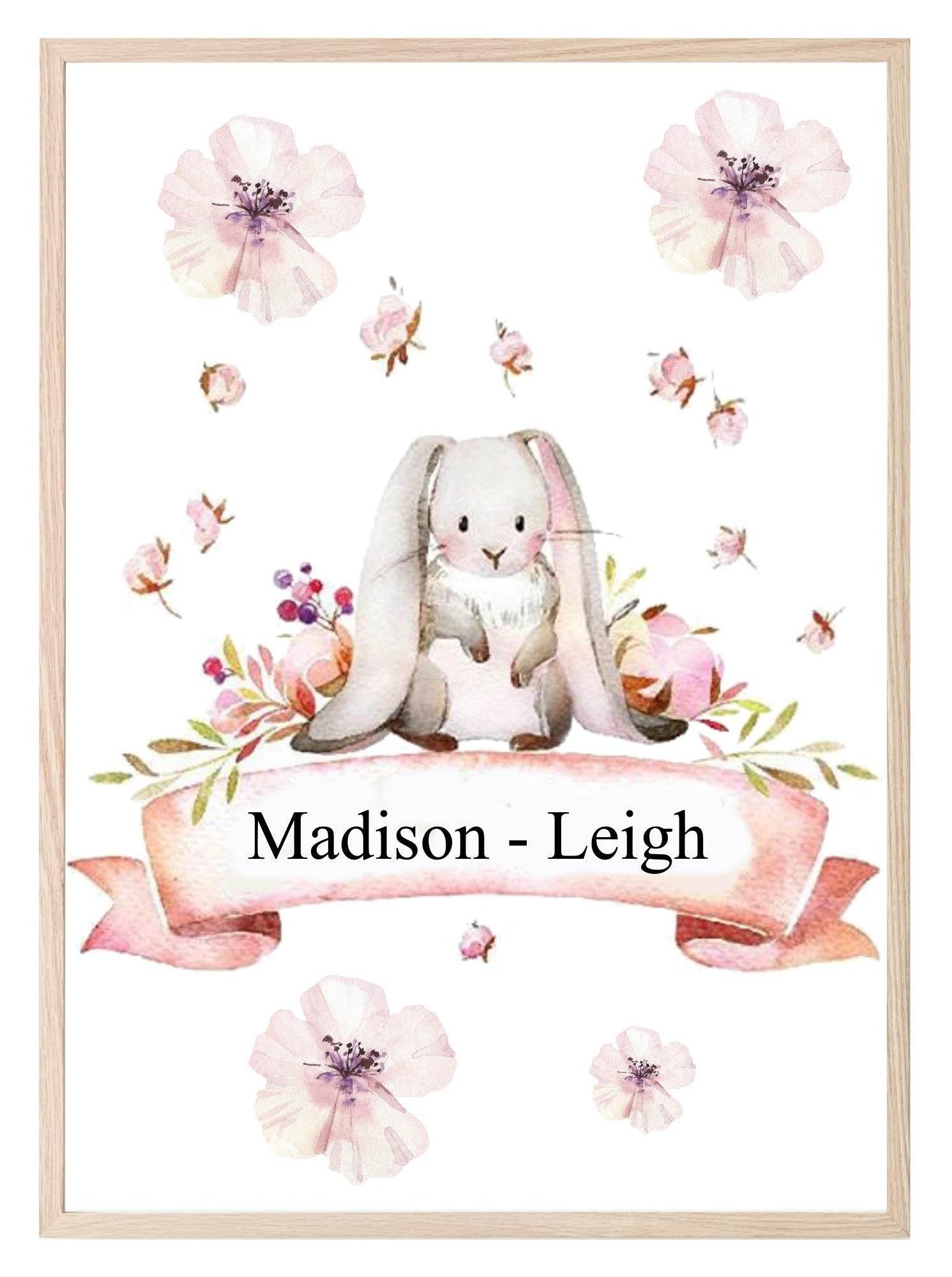Personalised Bunny Rabbit Print | Kids Name Wall Art - Larosier Prints
