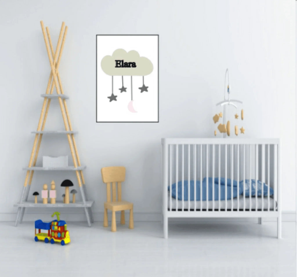 Personalised Kids Cloud Name Print | Nursery Stars & Moon Wall Art - Larosier Prints
