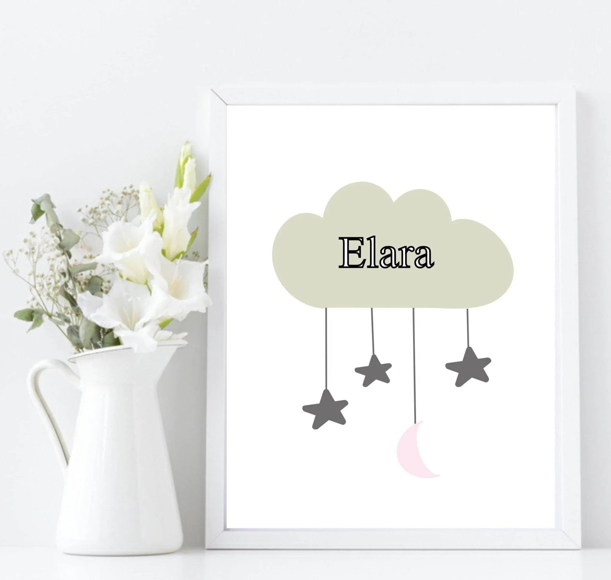 Personalised Kids Cloud Name Print | Nursery Stars & Moon Wall Art - Larosier Prints