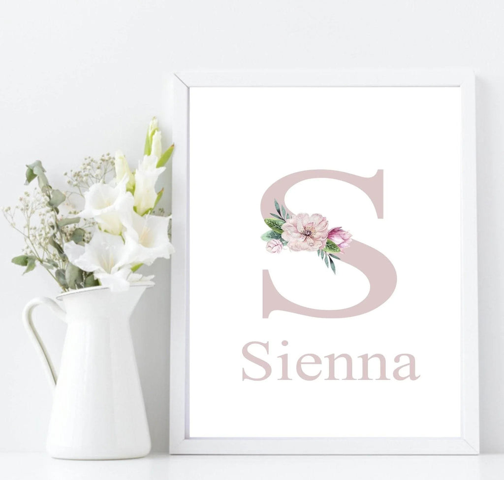 Personalised Floral Initial & Name Print | Flower Wall Art - Larosier Prints