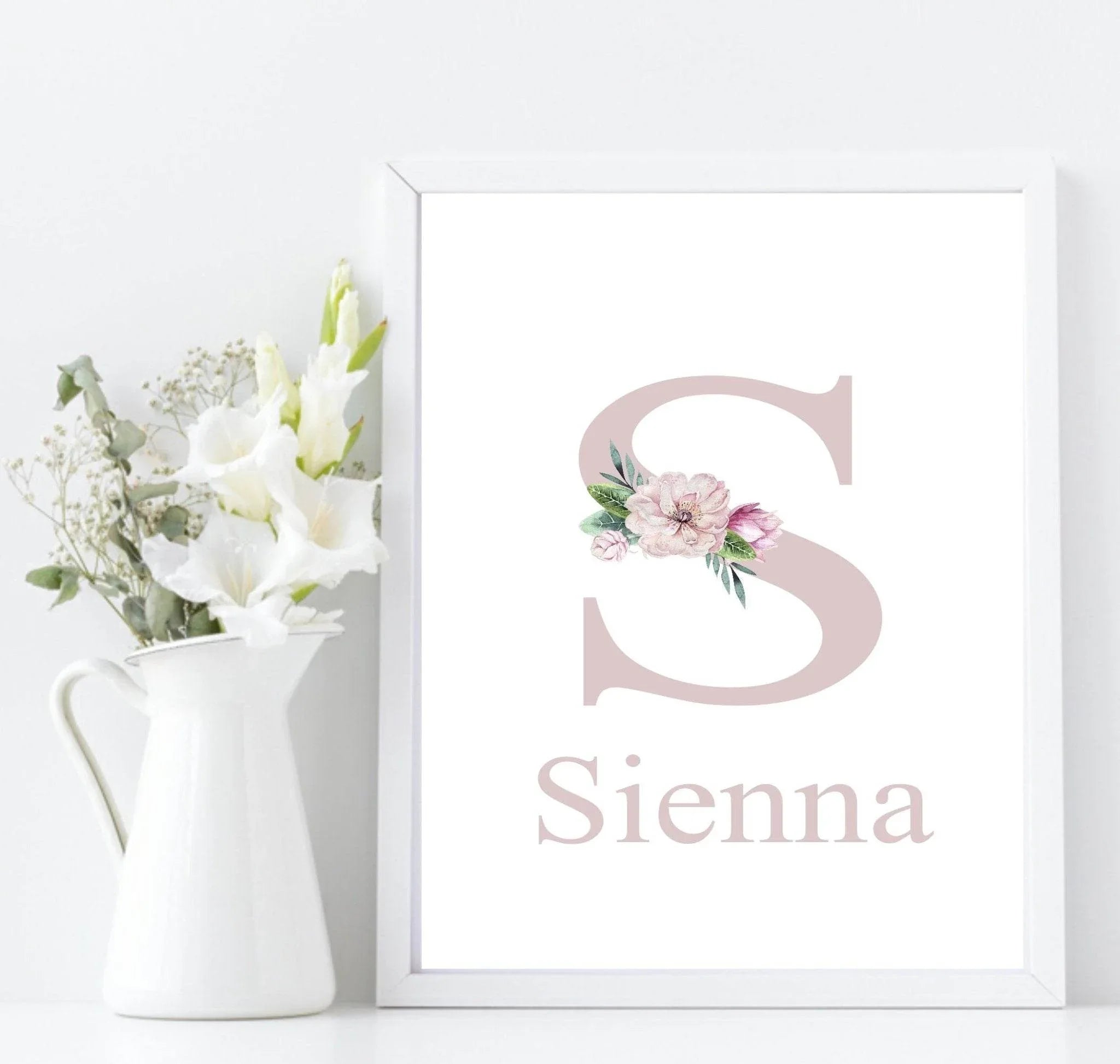 Personalised Floral Initial & Name Print | Flower Wall Art - Larosier Prints