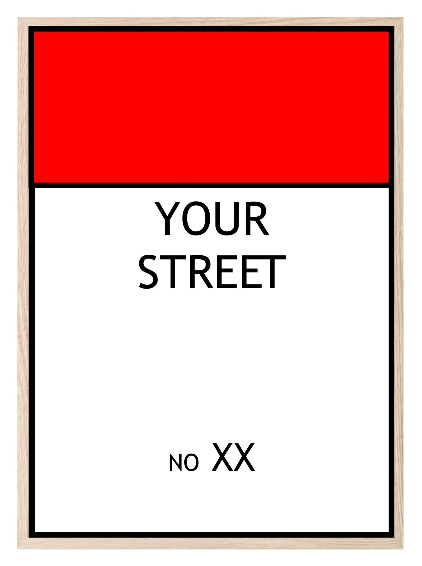 Personalised Monopoly Street Name And Number | Wall Art Board Game Prints | Various Colours Available Red