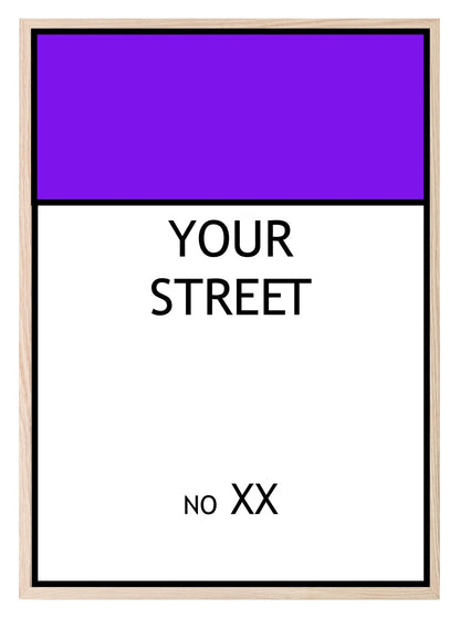 Personalised Monopoly Street Name And Number | Wall Art Board Game Prints | Various Colours Available Purple