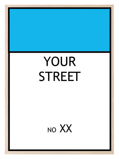 Personalised Monopoly Street Name And Number | Wall Art Board Game Prints | Various Colours Available Blue