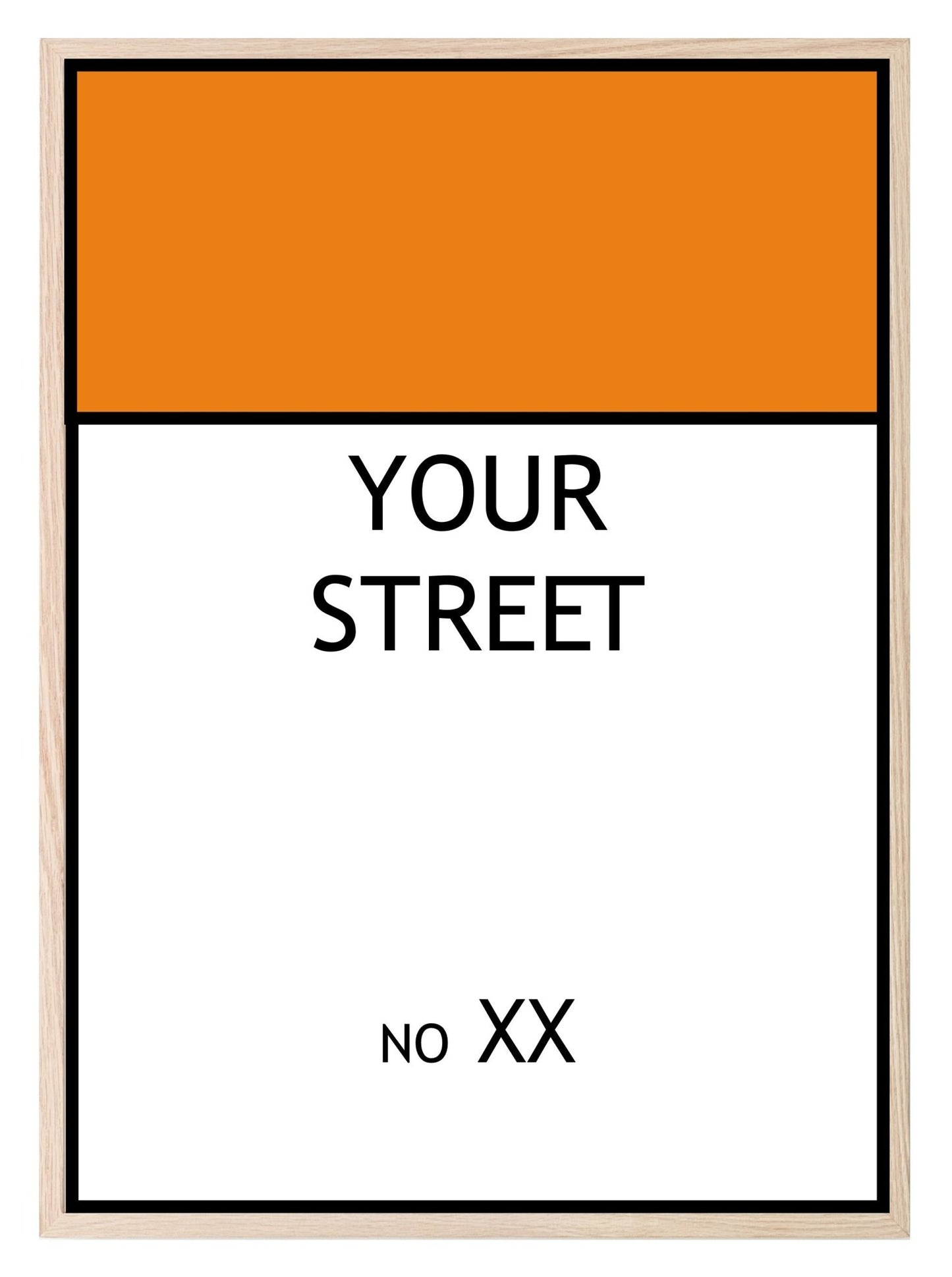 Personalised Monopoly Street Name And Number | Wall Art Board Game Prints | Various Colours Available Orange