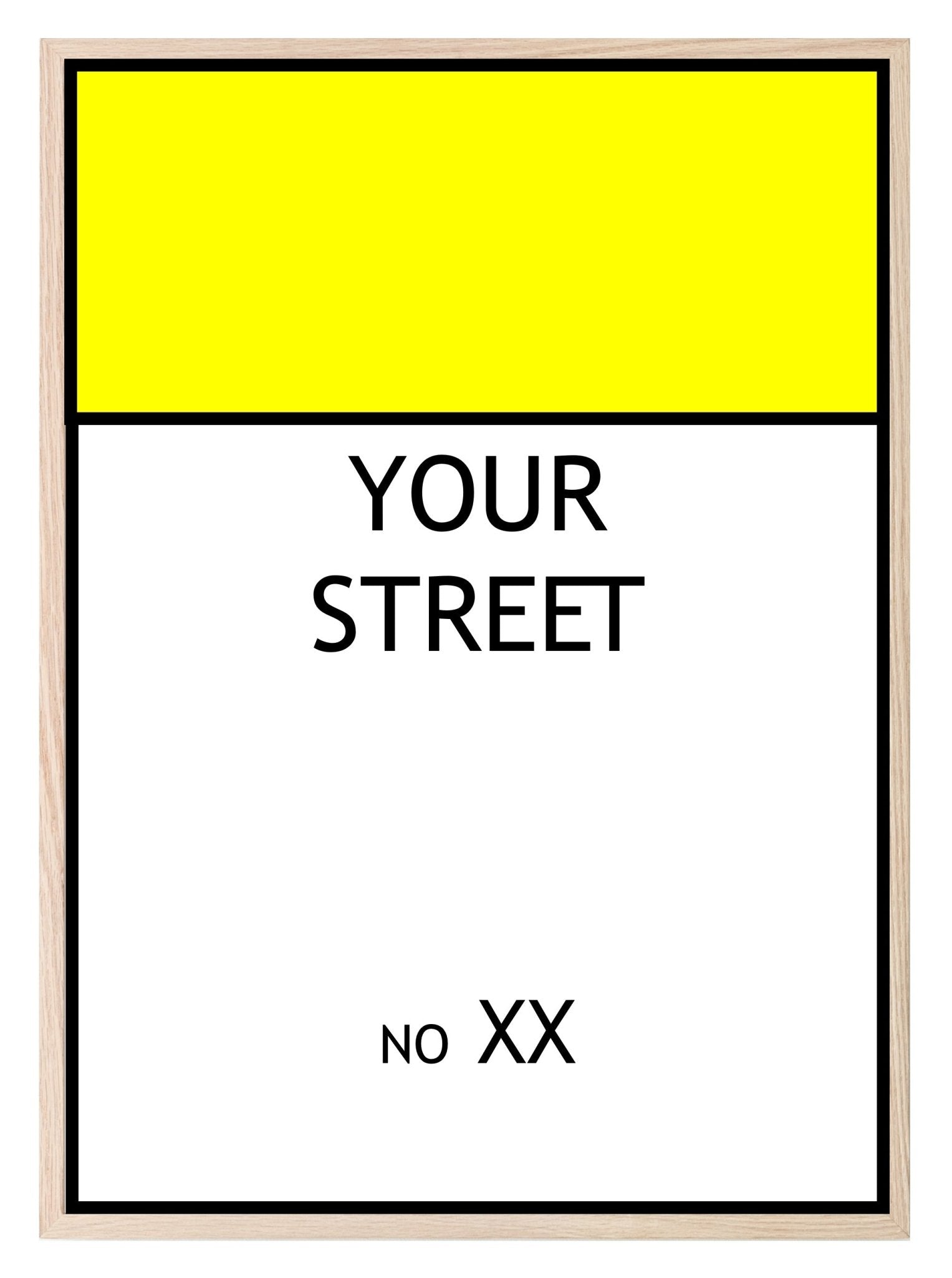 Personalised Monopoly Street Name And Number | Wall Art Board Game Prints | Various Colours Available Yellow