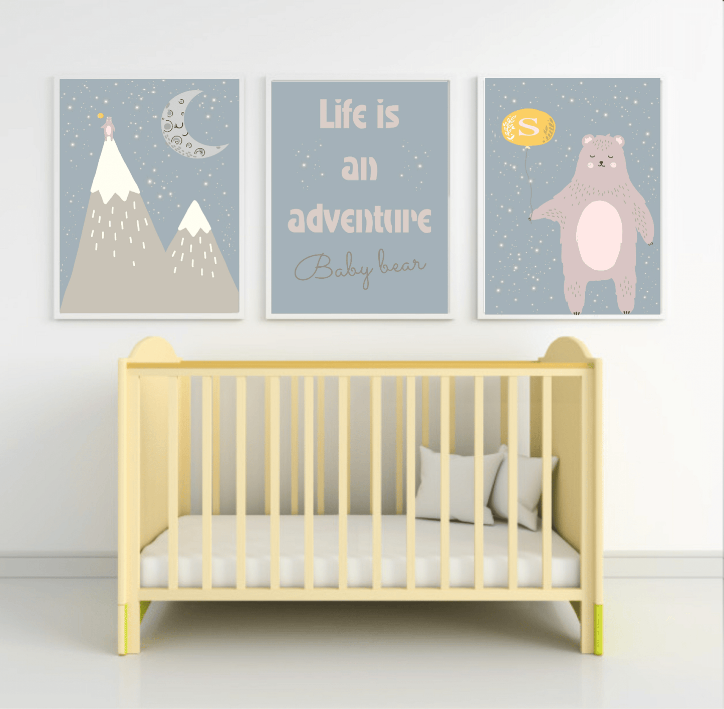 Personalised Set Of 3 Bear On A Mountain Prints | Nursery Wall Art