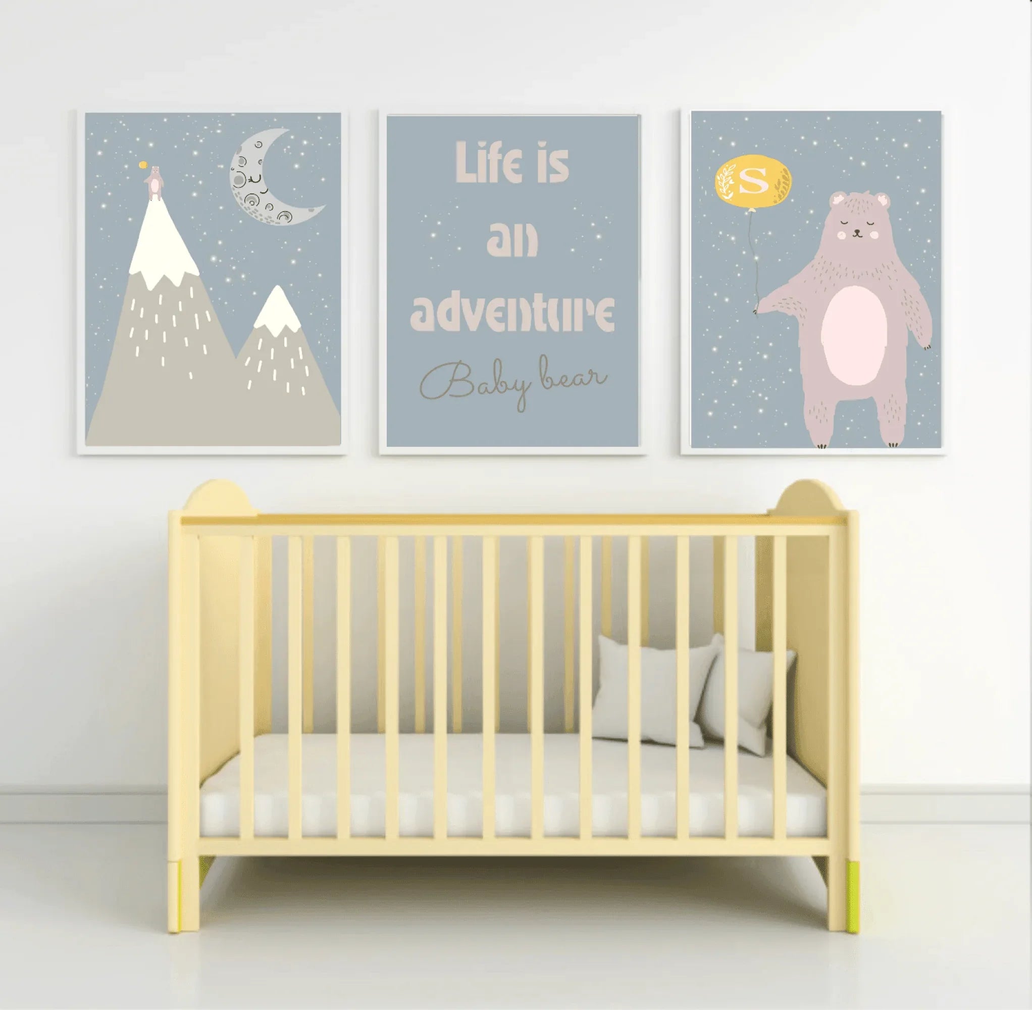 Personalised Set Of 3 Bear On A Mountain Prints | Nursery Wall Art - Larosier Prints