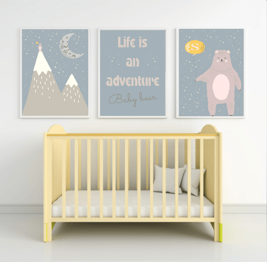 Personalised Set Of 3 Bear On A Mountain Prints | Nursery Wall Art