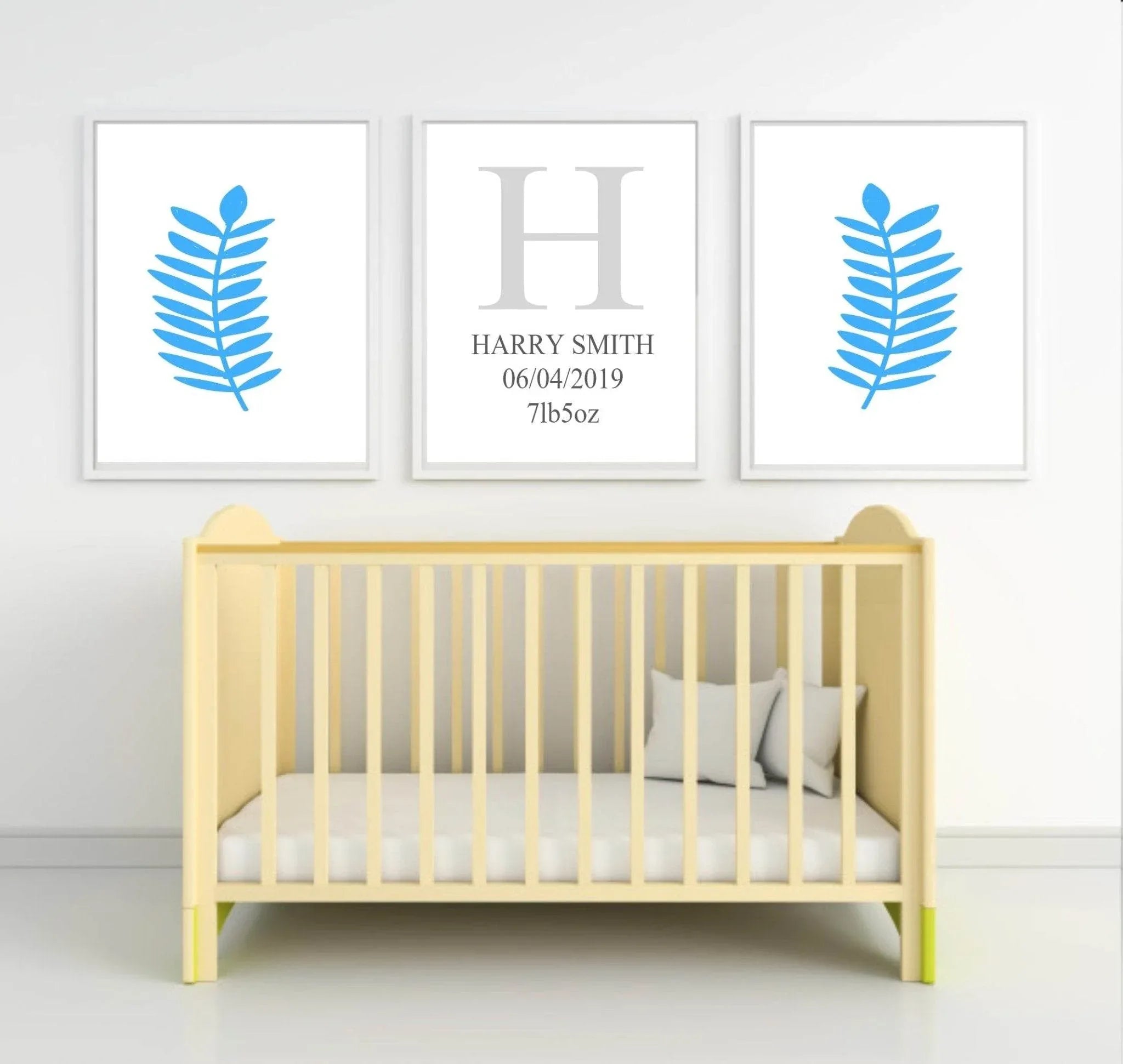 Personalised Set of 3 Blue Leaf Prints | Nursery Wall Art - Larosier Prints