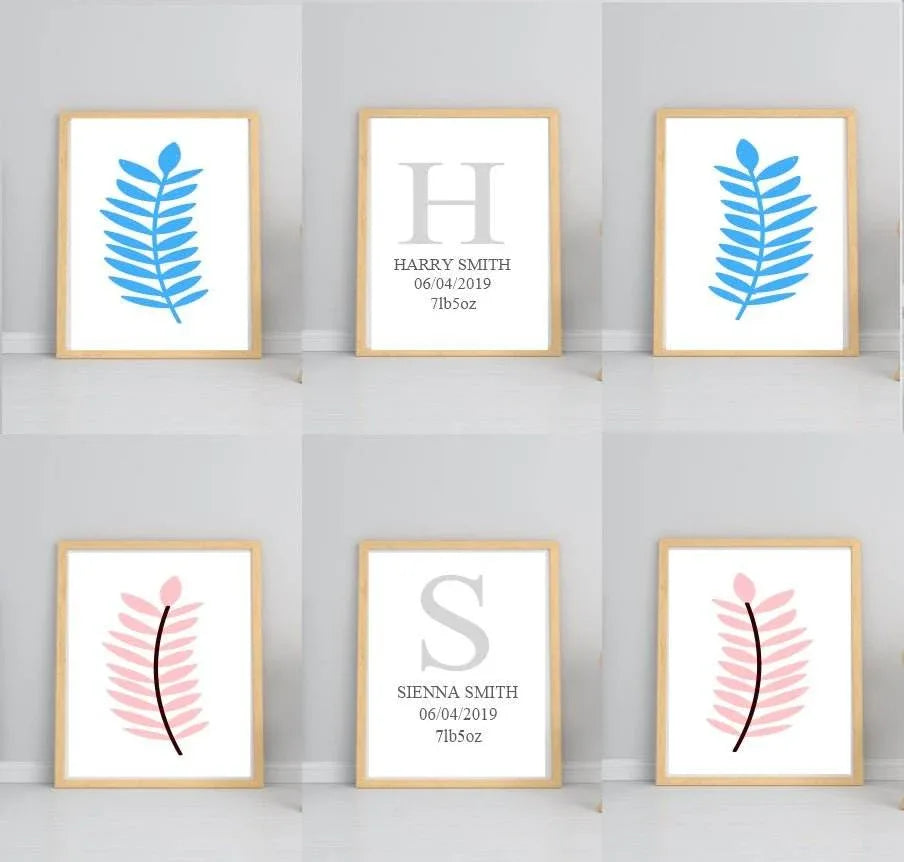 Personalised Set of 3 Blue Leaf Prints | Nursery Wall Art - Larosier Prints