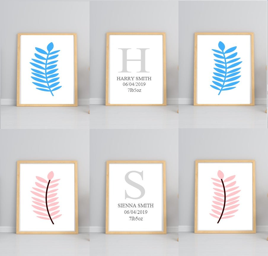 Personalised Set of 3 Blue Leaf Prints | Nursery Wall Art