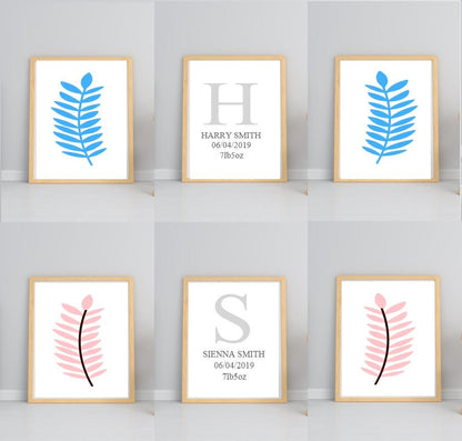 Personalised Set of 3 Blue Leaf Prints | Nursery Wall Art