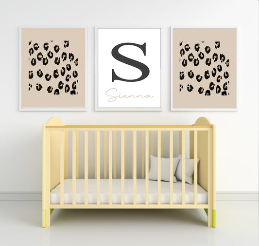 Personalised Set Of 3 Name & Leopard Print | Initial Wall Art