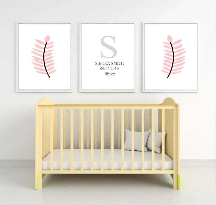 Personalised Set Of 3 Pink Leaf Prints | Nursery Wall Art - Larosier Prints