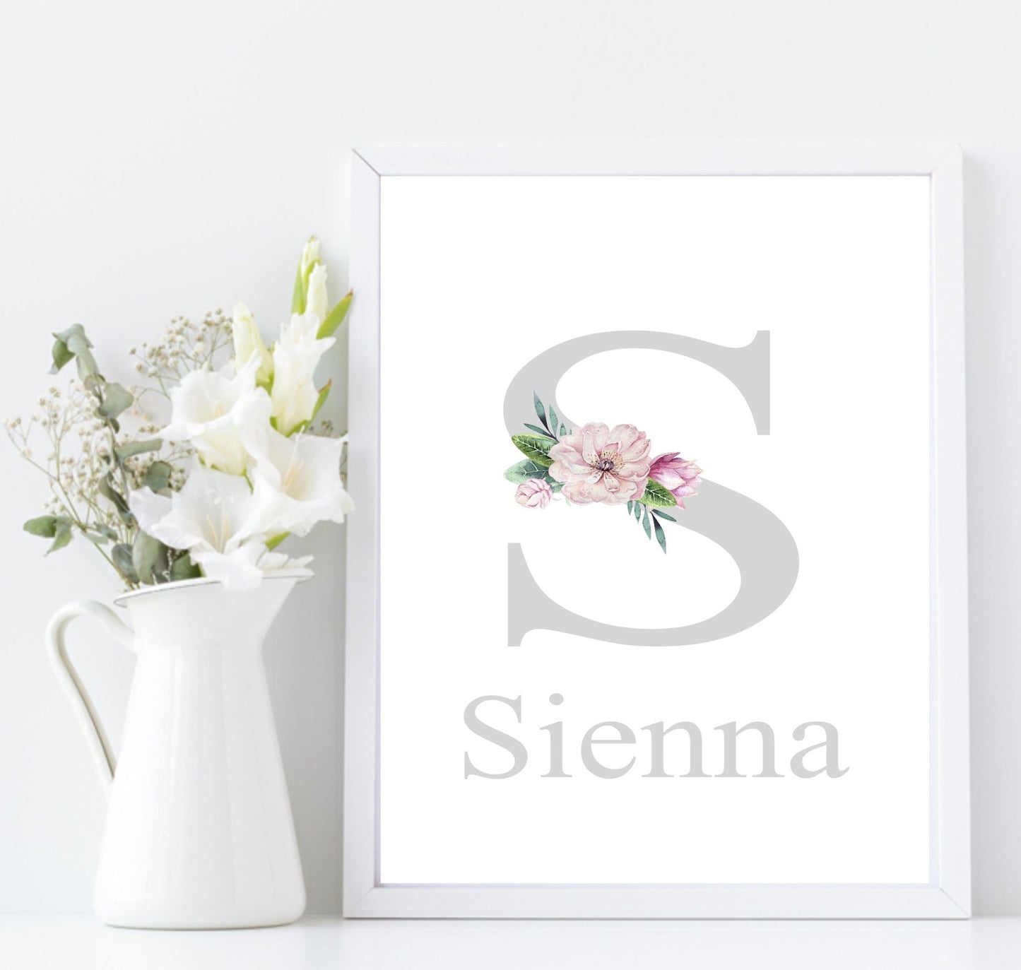 Personalised Set Of 3 Name & Initial Print | Roses Wall Art | Nursery Print