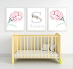 Personalised Set Of 3 Name & Initial Print | Roses Wall Art | Nursery Print - Larosier Prints