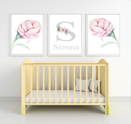 Personalised Set Of 3 Name & Initial Print | Roses Wall Art | Nursery Print